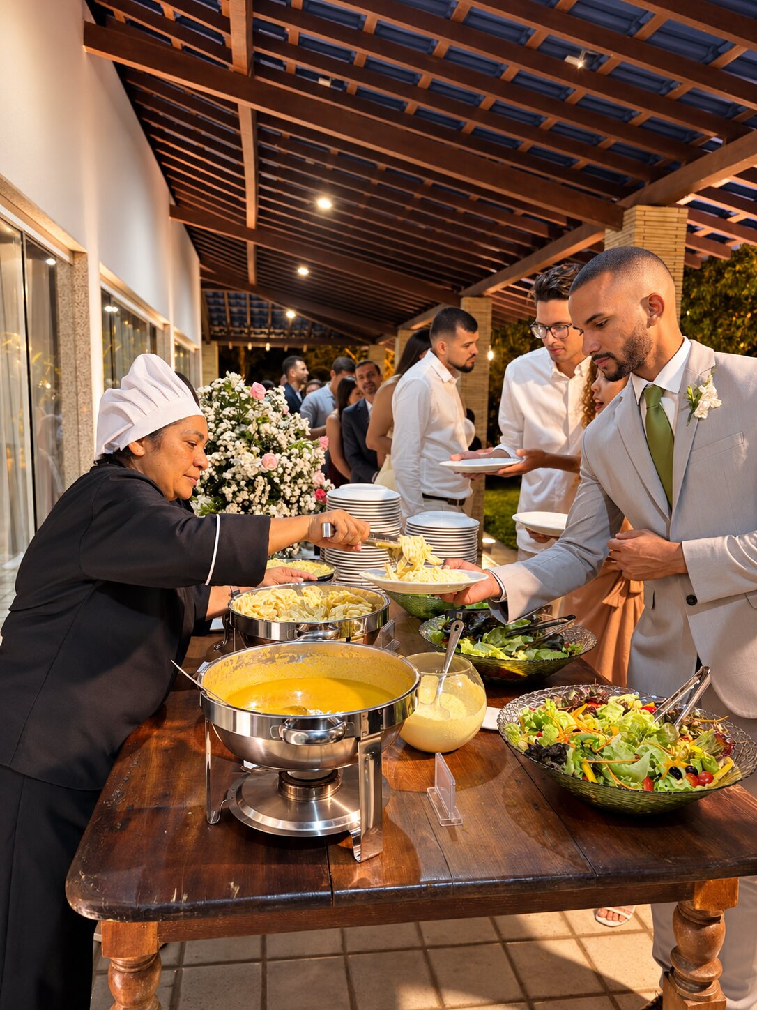 Tânia servindo convidados em um buffet