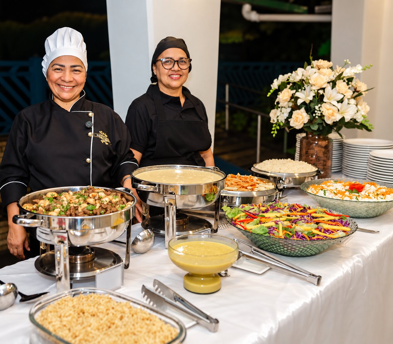 Tânia e equipe junto à mesa preparada