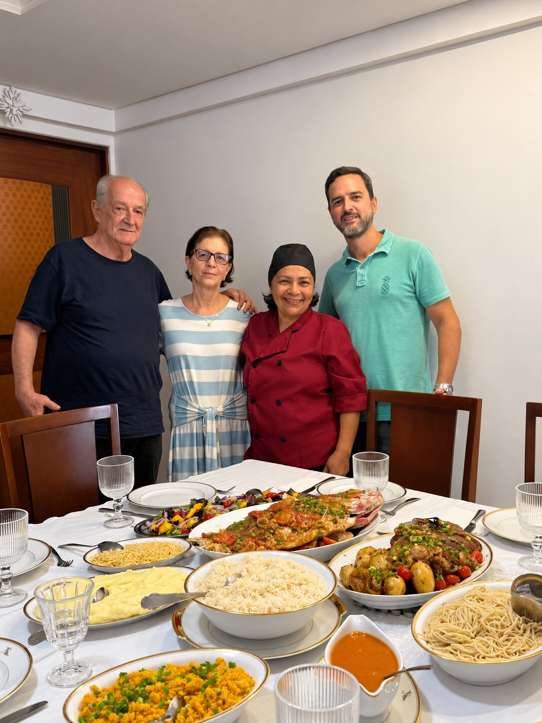 Tânia com clientes em uma mesa preparada
