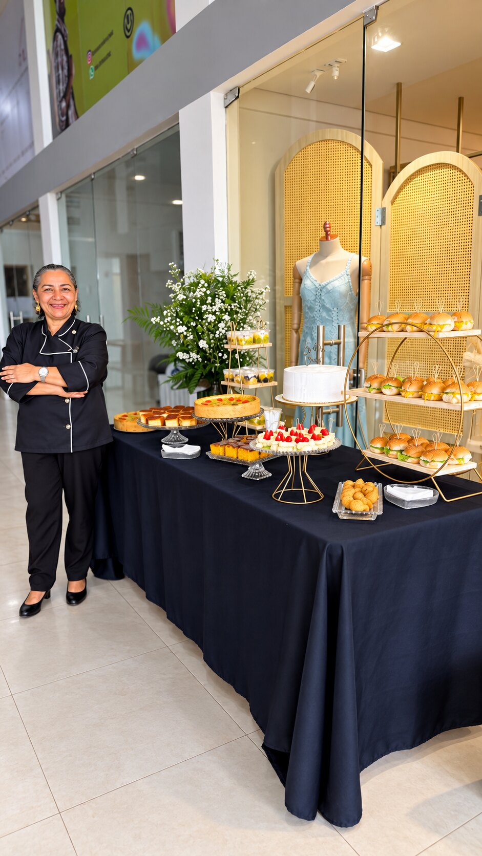 Tânia Brito ao lado de uma mesa de buffet